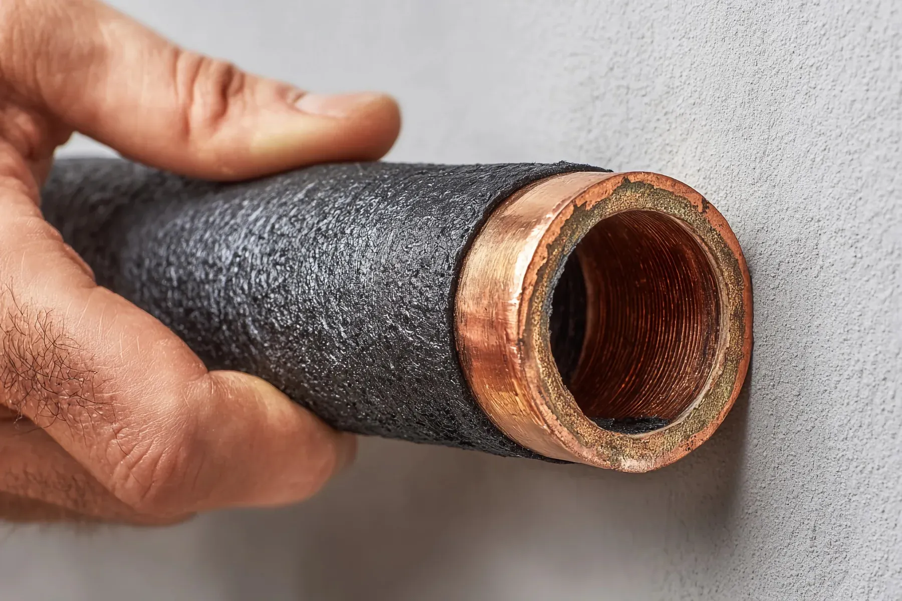 Close-up of a hand holding a copper pipe wrapped in black foam insulation