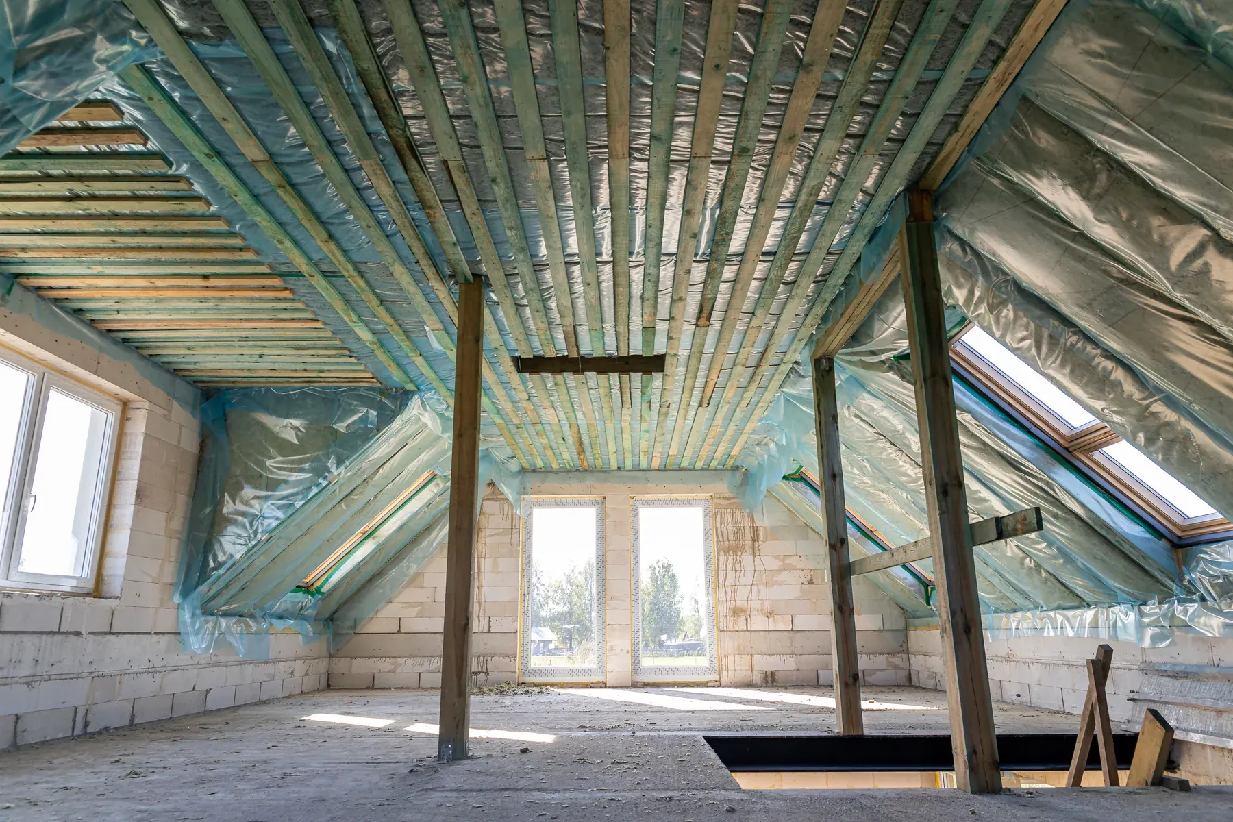 Unfinished attic with reflective foil sheeting lining the sloped roof between wooden battens